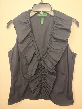 Ralph Lauren Black Sleeveless Ruffle-Front Button Top